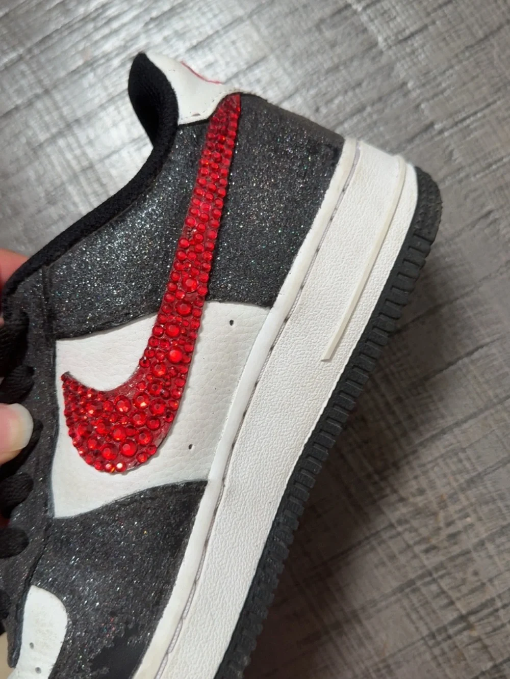 Nike Kids Black, White and Red Rhinestone Swoosh Sneakers